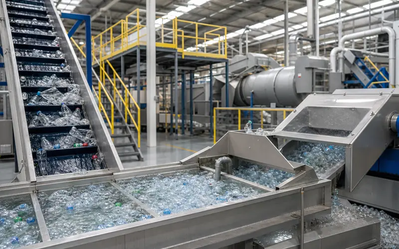 Used PET bottles moving through an industrial recycling process